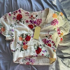 No Boundaries White Floral Wrap Crop Top with Pink & Orange Flowers